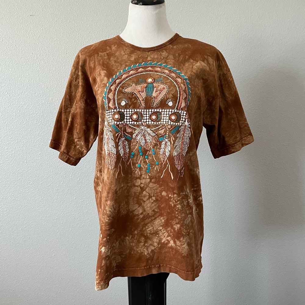 Lynee Vintage Western Brown Tie-Dye T-shirt with Dreamcatcher Size M